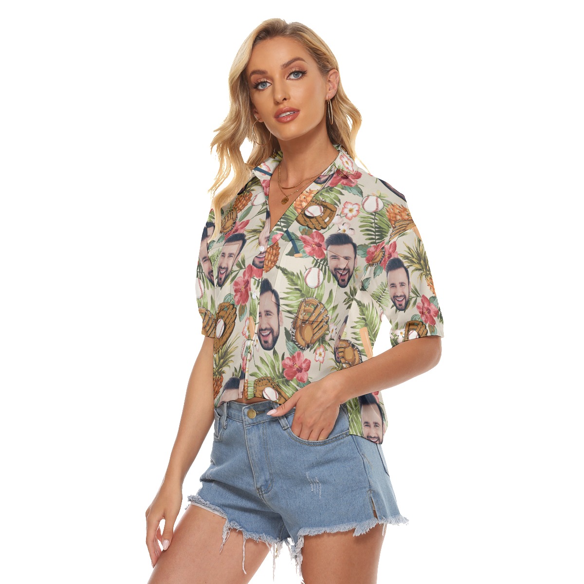 Custom Tropical Baseball Hawaiian Crop Top Shirt With Faces