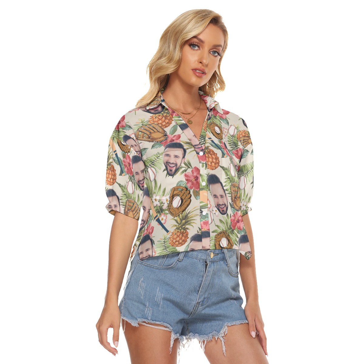 Custom Tropical Baseball Hawaiian Crop Top Shirt With Faces