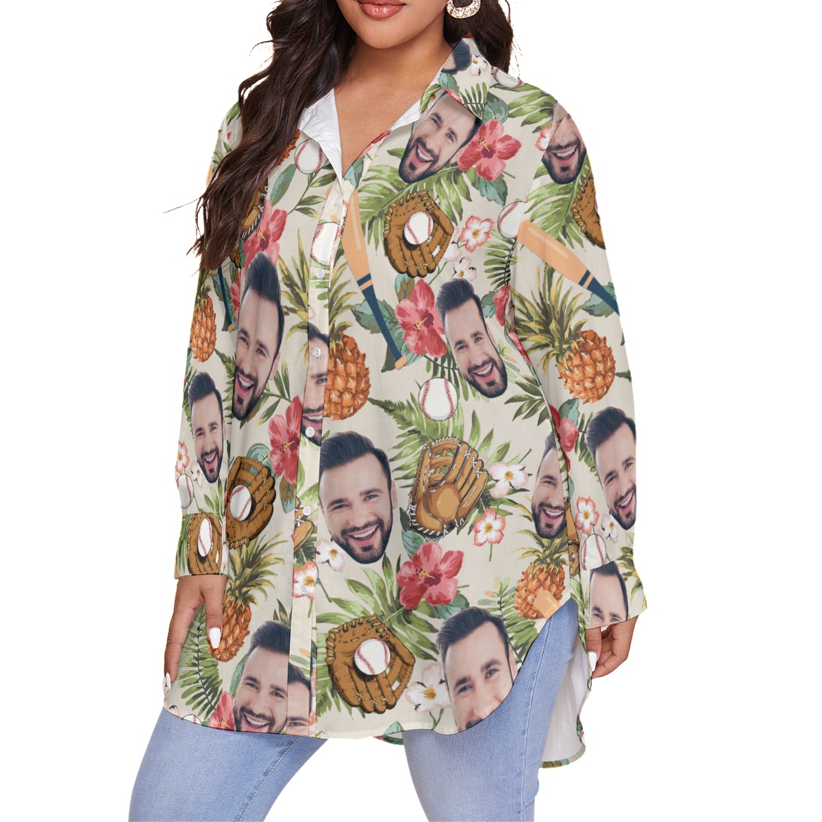 Funny Custom Face With Baseball Hawaiian Plus Size Shirt For Women