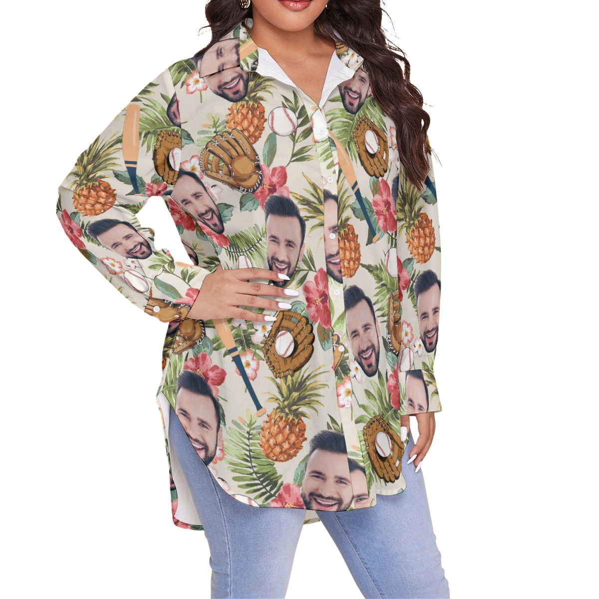 Funny Custom Face With Baseball Hawaiian Plus Size Shirt For Women