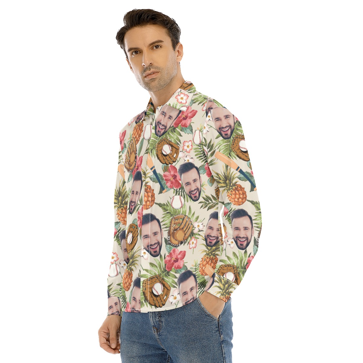 Custom Face Theme Baseball Tropical Hawaiian Long Sleeve Shirt