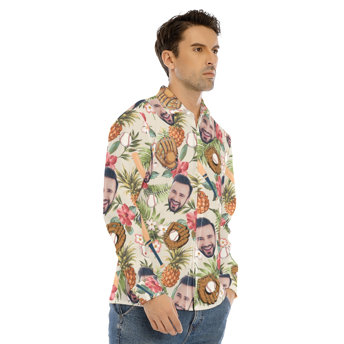 Custom Face Theme Baseball Tropical Hawaiian Long Sleeve Shirt