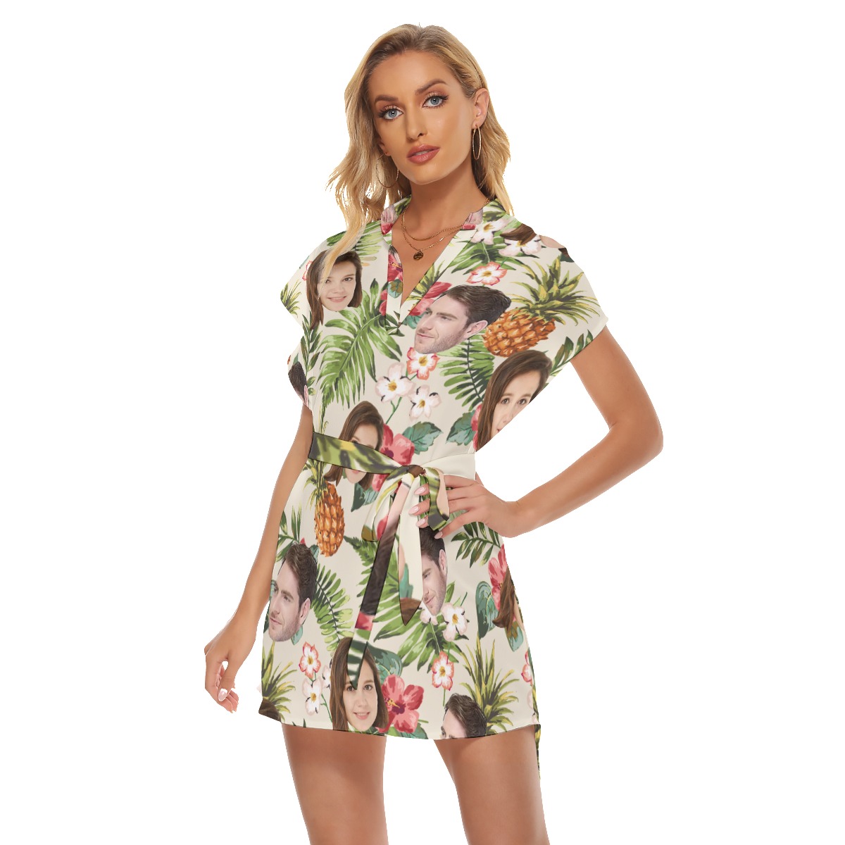 Custom 2 Faces Tropical Hawaiian Casual Dress With Tie