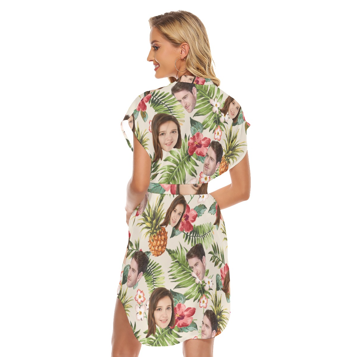 Custom 2 Faces Tropical Hawaiian Casual Dress With Tie