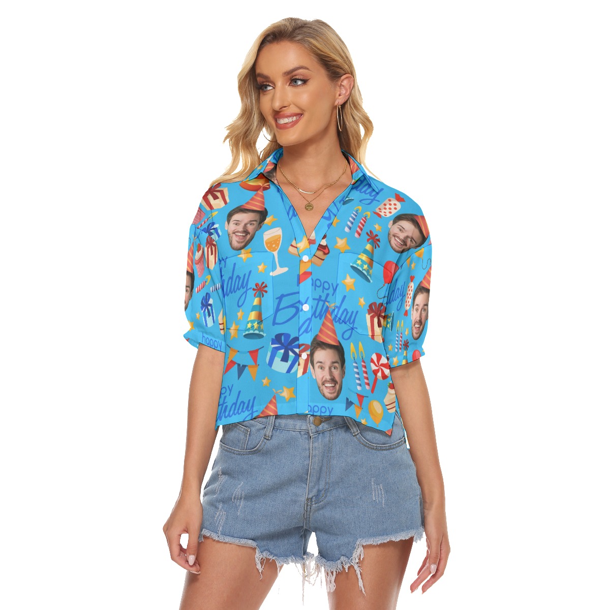 Blue Custom Face Happy Birthday Hawaiian Cropped Shirt For Women - variant image 1