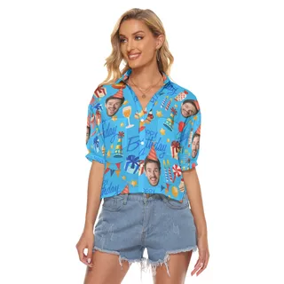 Blue Custom Face Happy Birthday Hawaiian Cropped Shirt For Women