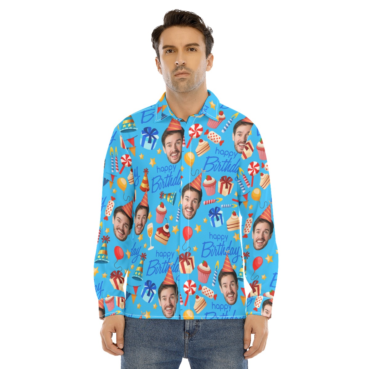 Custom Face Birthday Theme Long Sleeve Hawaiian Shirts - variant image 1