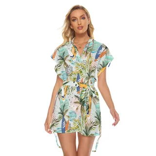 Cool Tropical Surfing Boards Collar Dress With Belt