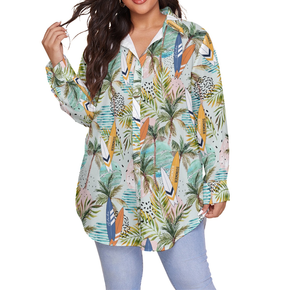 Cool Surfing Boards Tropical Hawaiian Plus Size Shirt For Women - variant image 1