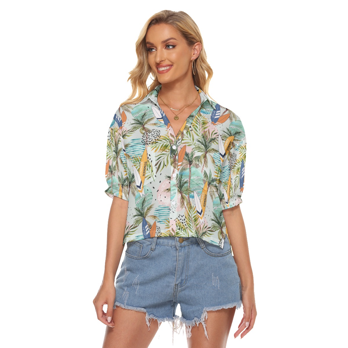 Tropical Surfing Boards Hawaiian Cropped Shirt For Women - variant image 1