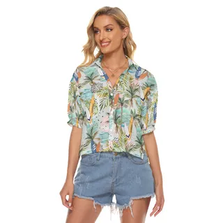 Tropical Surfing Boards Hawaiian Cropped Shirt For Women