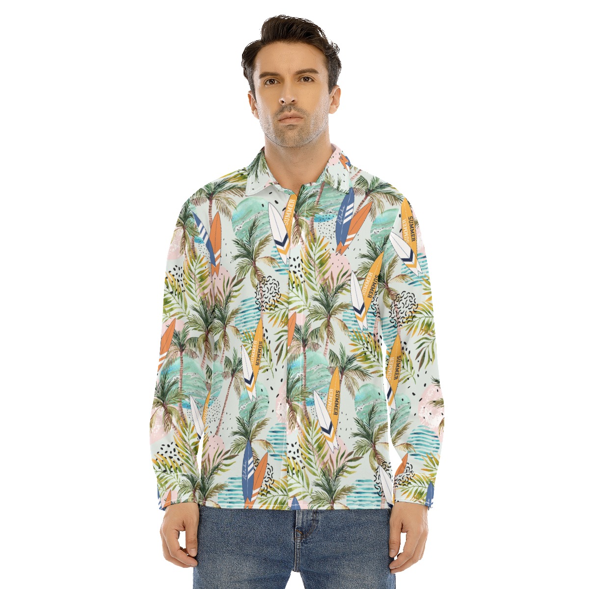 Tropical Surfing Boards Green Hawaiian Long Sleeve Shirt For Men - variant image 1