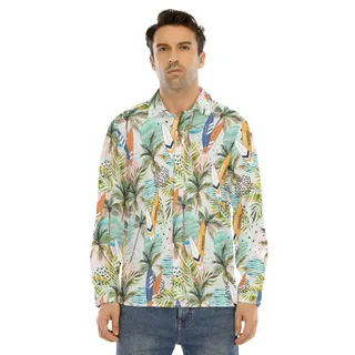 Tropical Surfing Boards Green Hawaiian Long Sleeve Shirt For Men