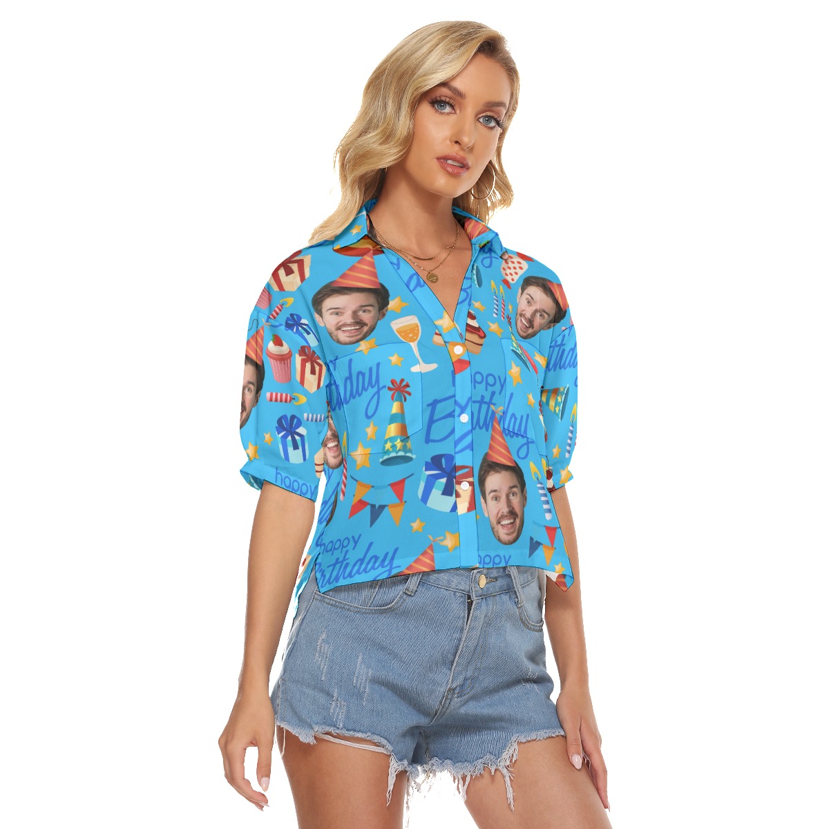 Blue Custom Face Happy Birthday Hawaiian Cropped Shirt For Women