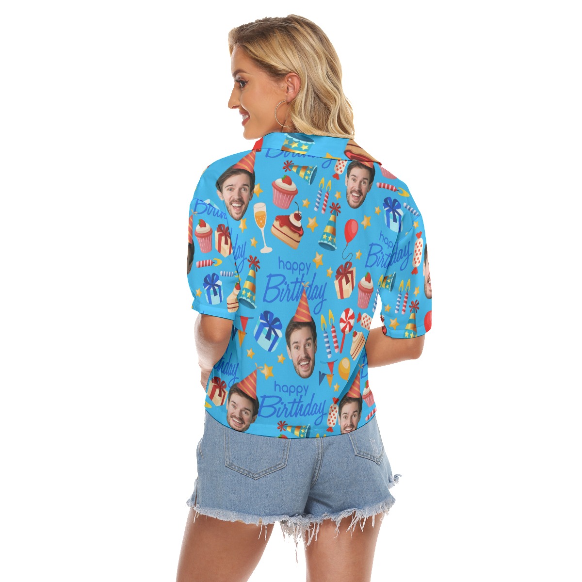 Blue Custom Face Happy Birthday Hawaiian Cropped Shirt For Women