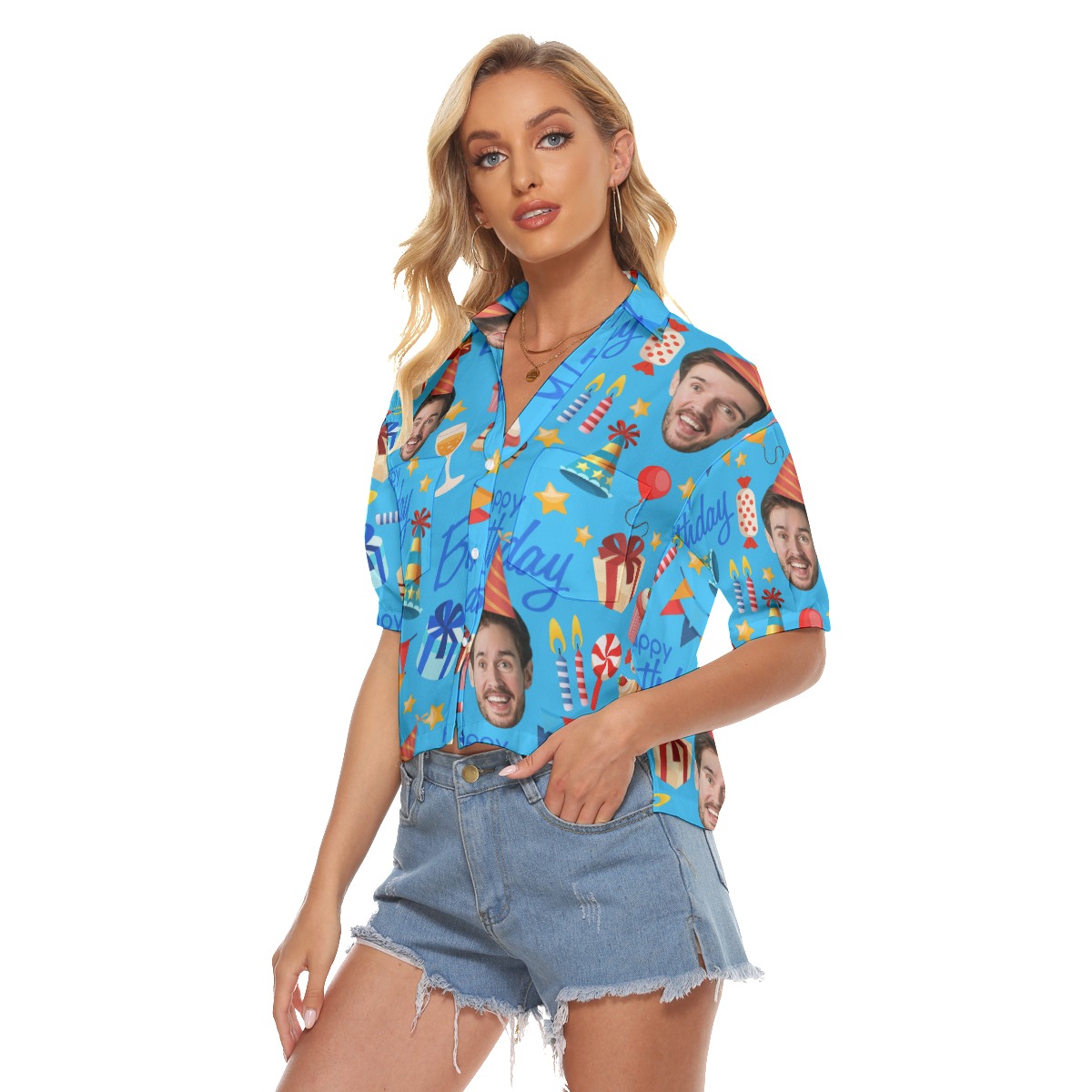 Blue Custom Face Happy Birthday Hawaiian Cropped Shirt For Women