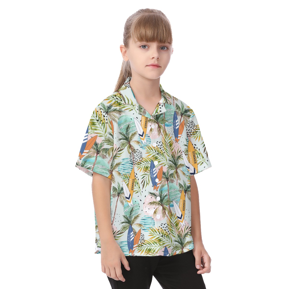 Cute Surfing Boards Tropical Green Hawaiian Shirt For Kids