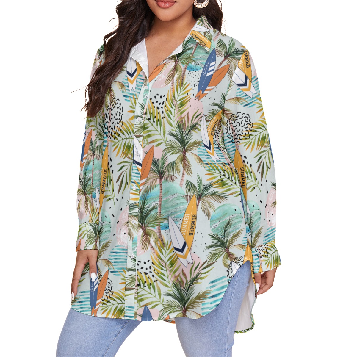 Cool Surfing Boards Tropical Hawaiian Plus Size Shirt For Women