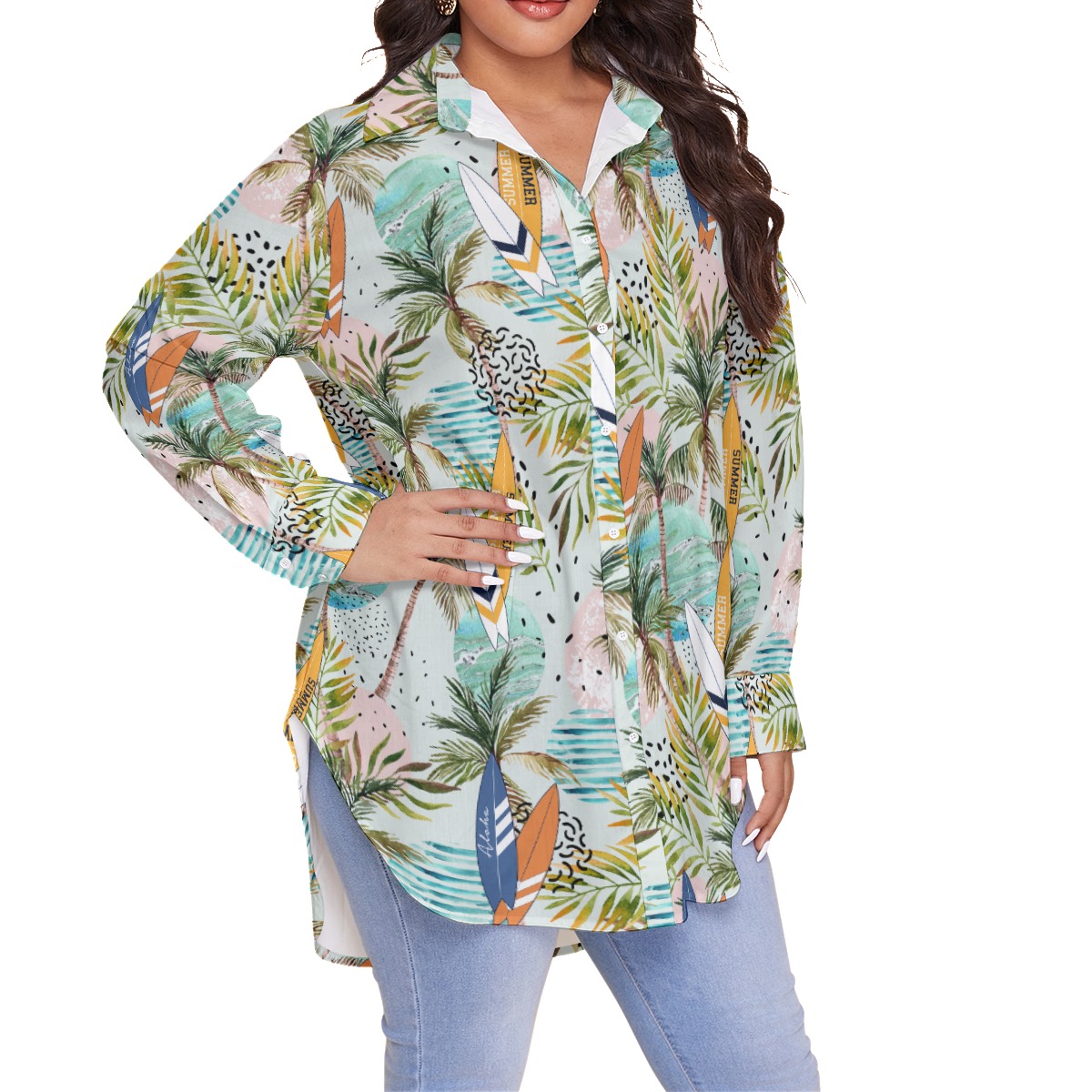 Cool Surfing Boards Tropical Hawaiian Plus Size Shirt For Women