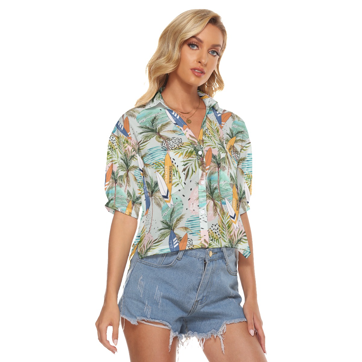 Tropical Surfing Boards Hawaiian Cropped Shirt For Women