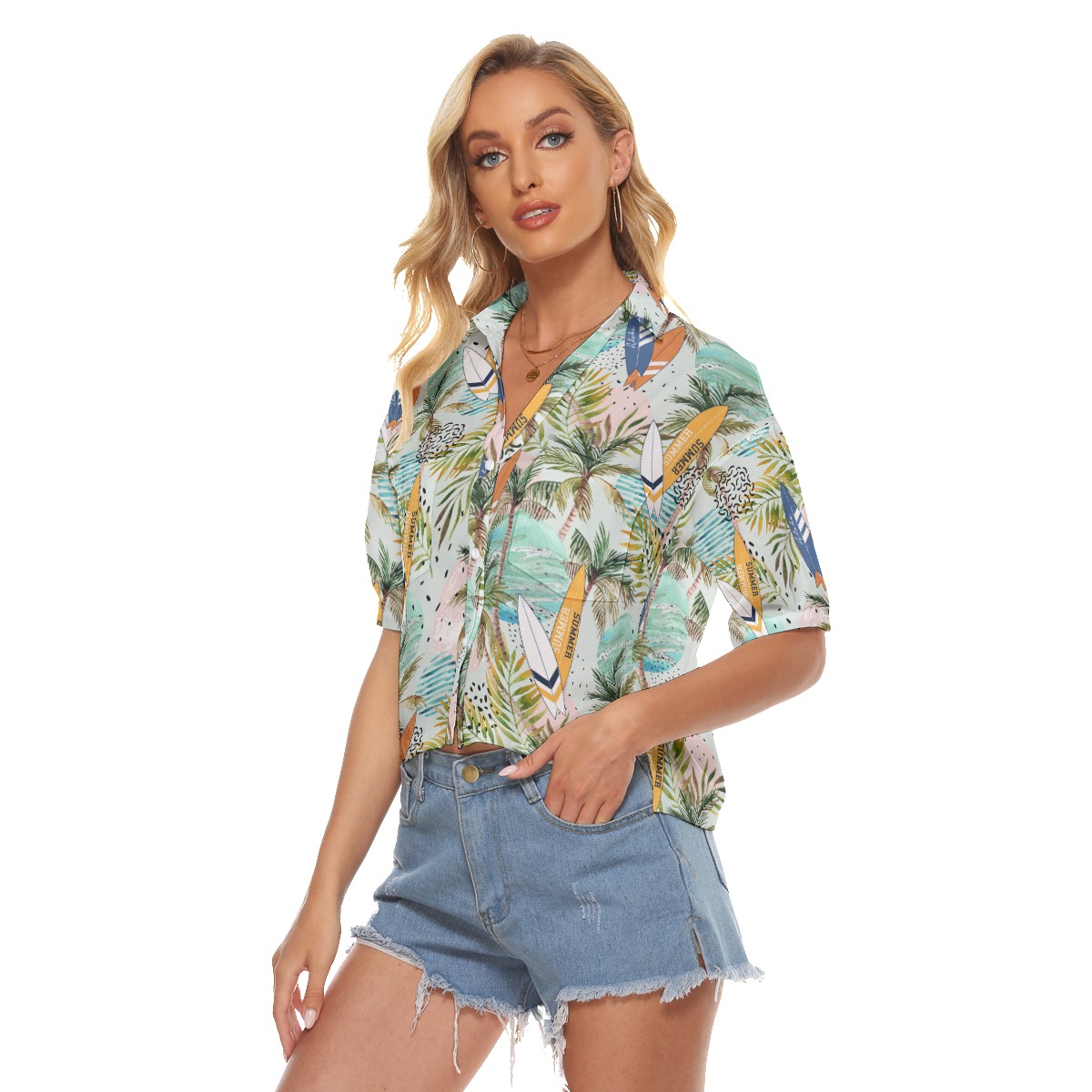 Tropical Surfing Boards Hawaiian Cropped Shirt For Women