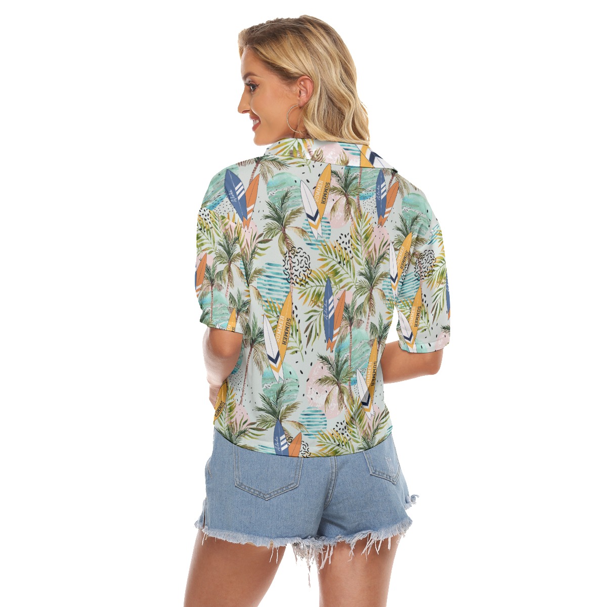 Tropical Surfing Boards Hawaiian Cropped Shirt For Women