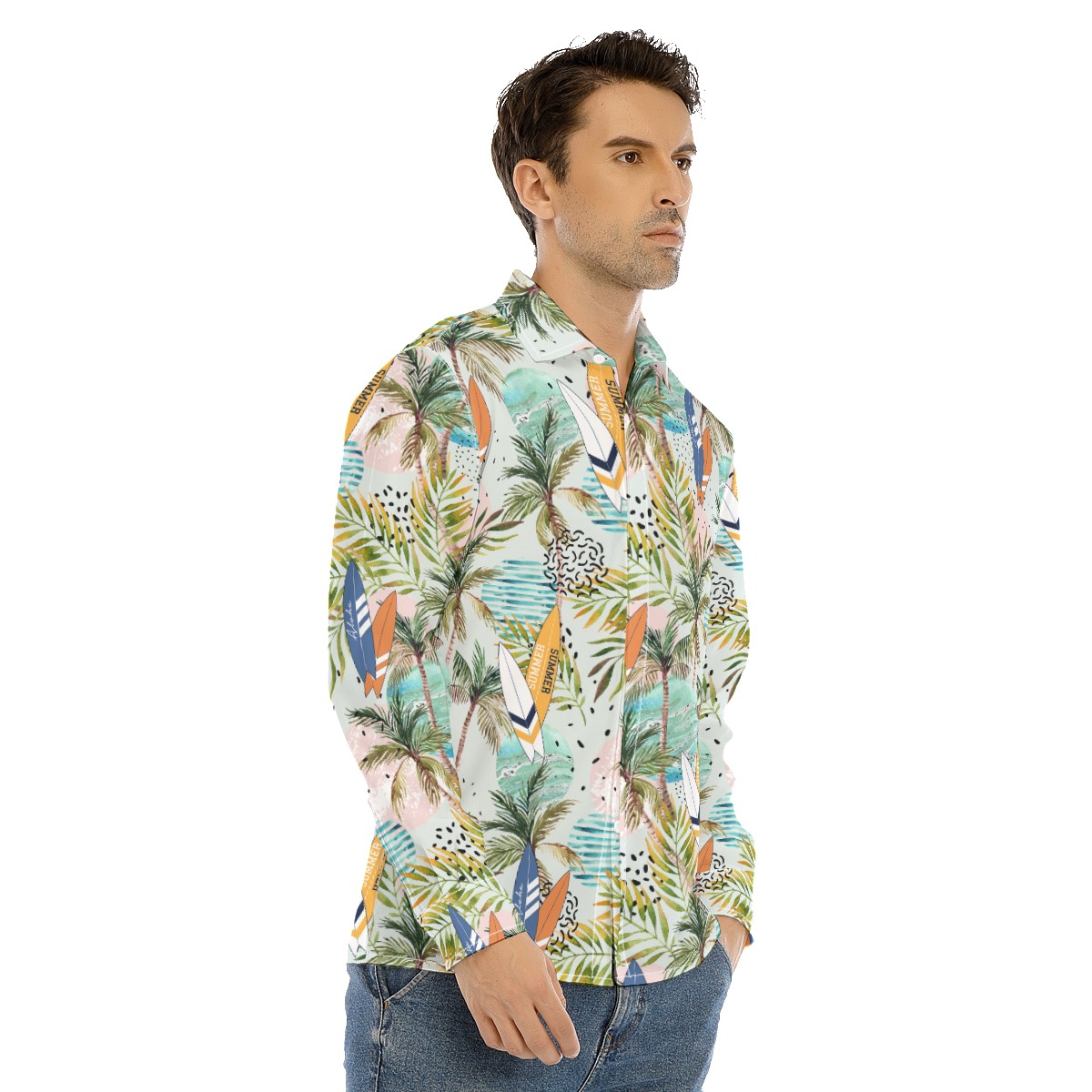 Tropical Surfing Boards Green Hawaiian Long Sleeve Shirt For Men
