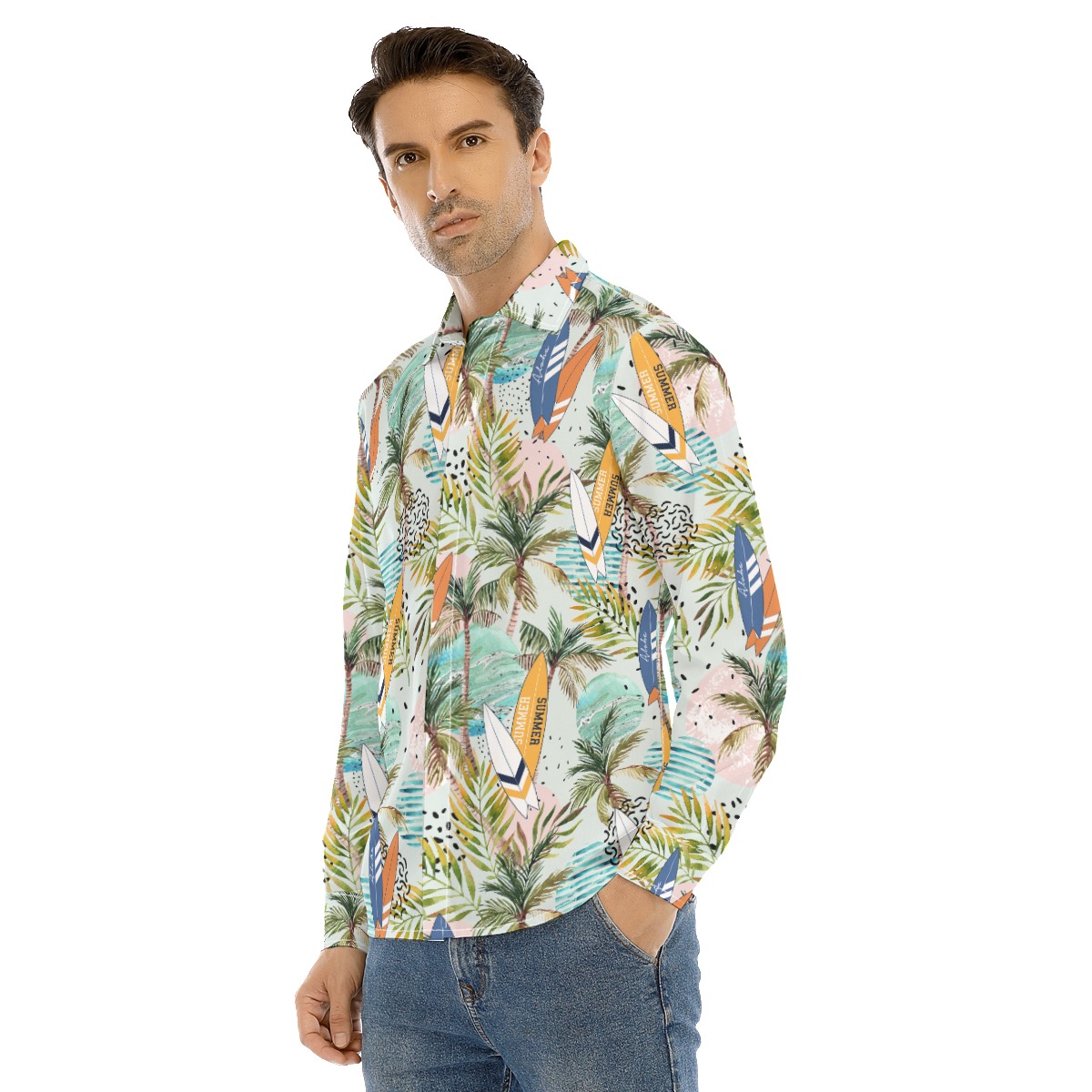 Tropical Surfing Boards Green Hawaiian Long Sleeve Shirt For Men