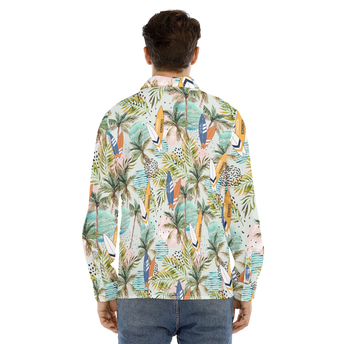 Tropical Surfing Boards Green Hawaiian Long Sleeve Shirt For Men