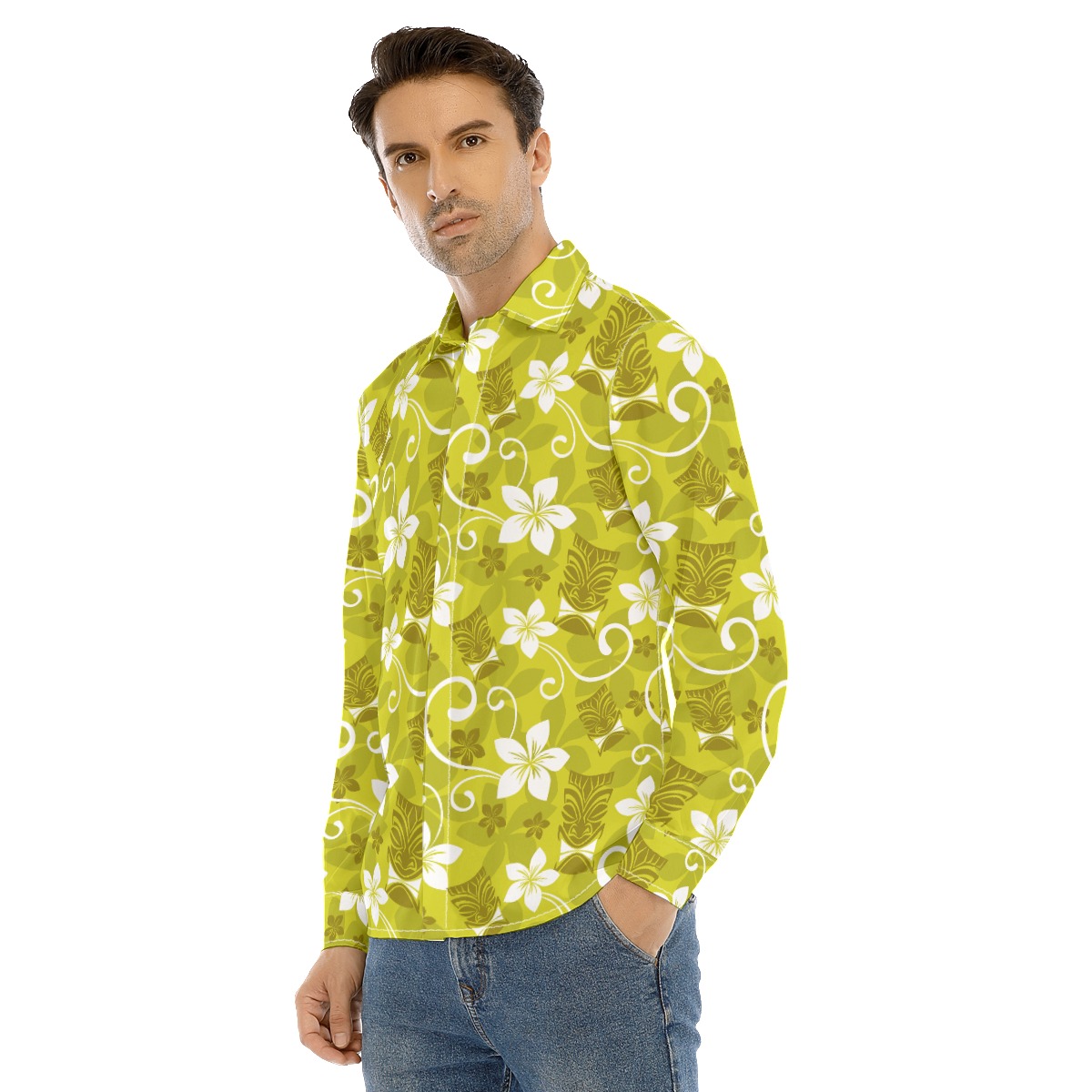 Tiki Luau Long Sleeve Hawaiian Shirt For Men