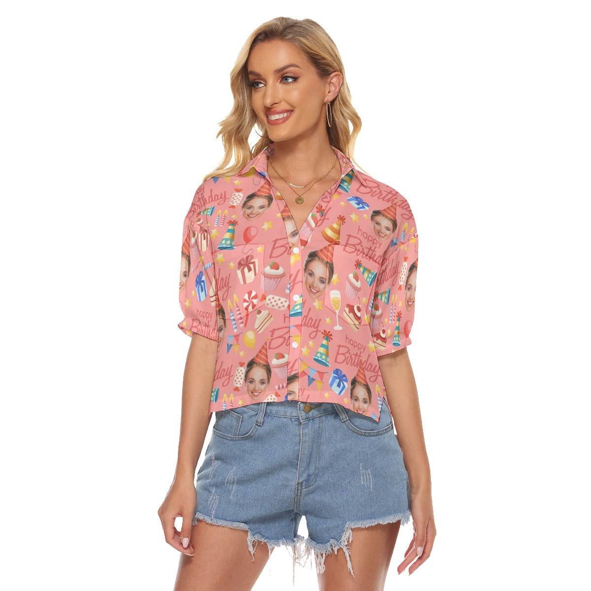 Pink Custom Face Happy Birthday Hawaiian Crop Top For Women - variant image 1