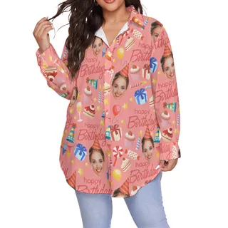 Pink Custom Face Happy Birthday Plus Size Hawaiian Shirt For Women