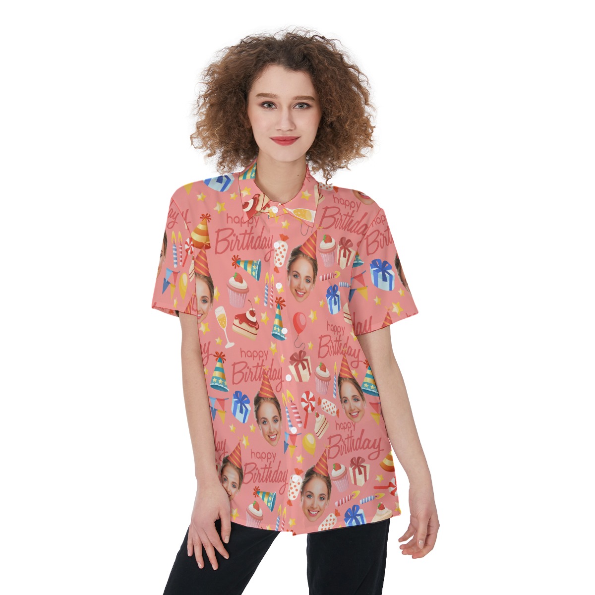 Pink Custom Face Birthday Hawaiian Shirt For Women - variant image 1
