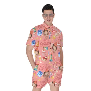 Custom Face Happy Birthday Pink Romper For Men