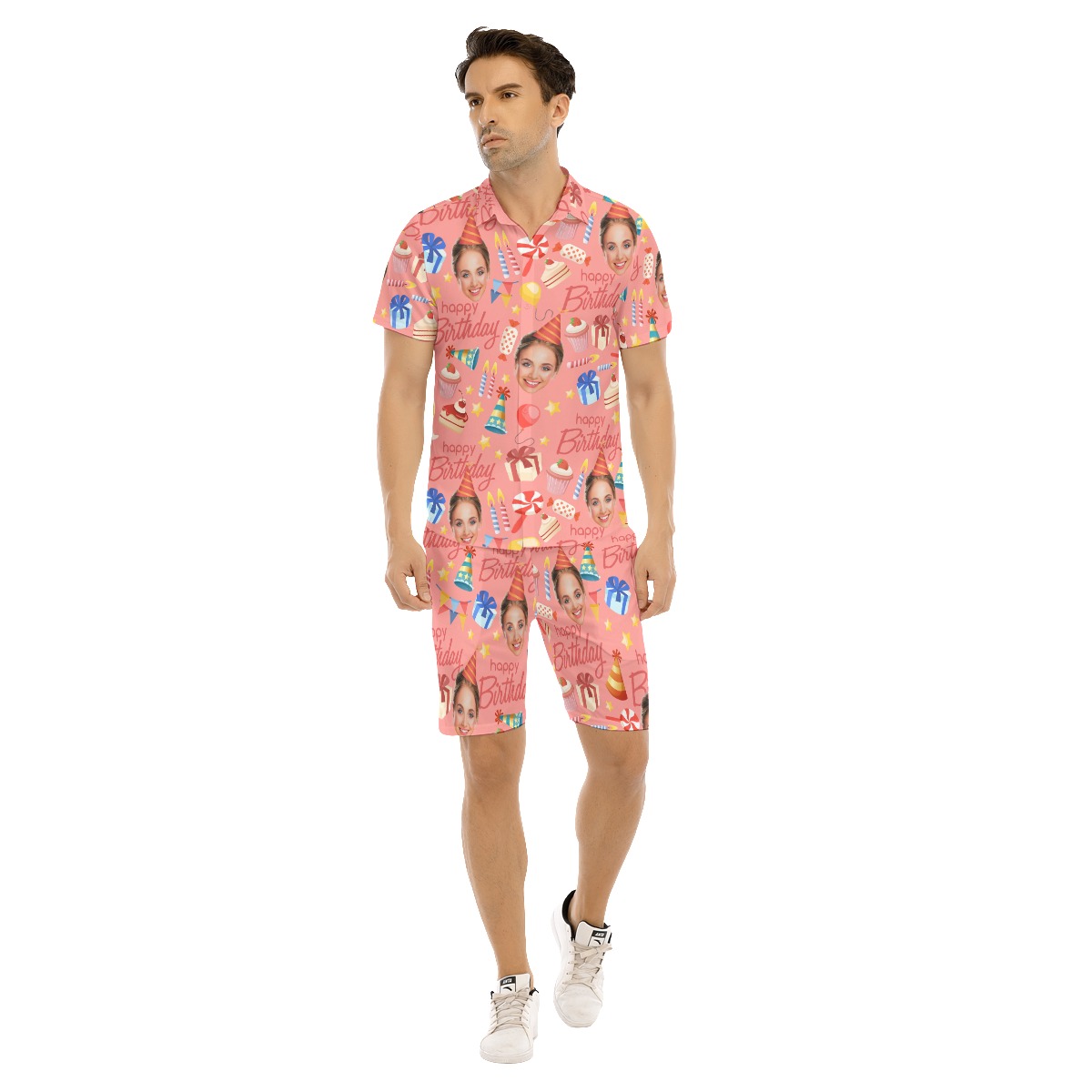 Custom Face Birthday Pink Hawaiian Shirt And Shorts Set For Men - variant image 1