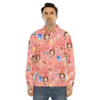 Custom Face Birthday Pink Long Sleeve Hawaiian Shirt For Men