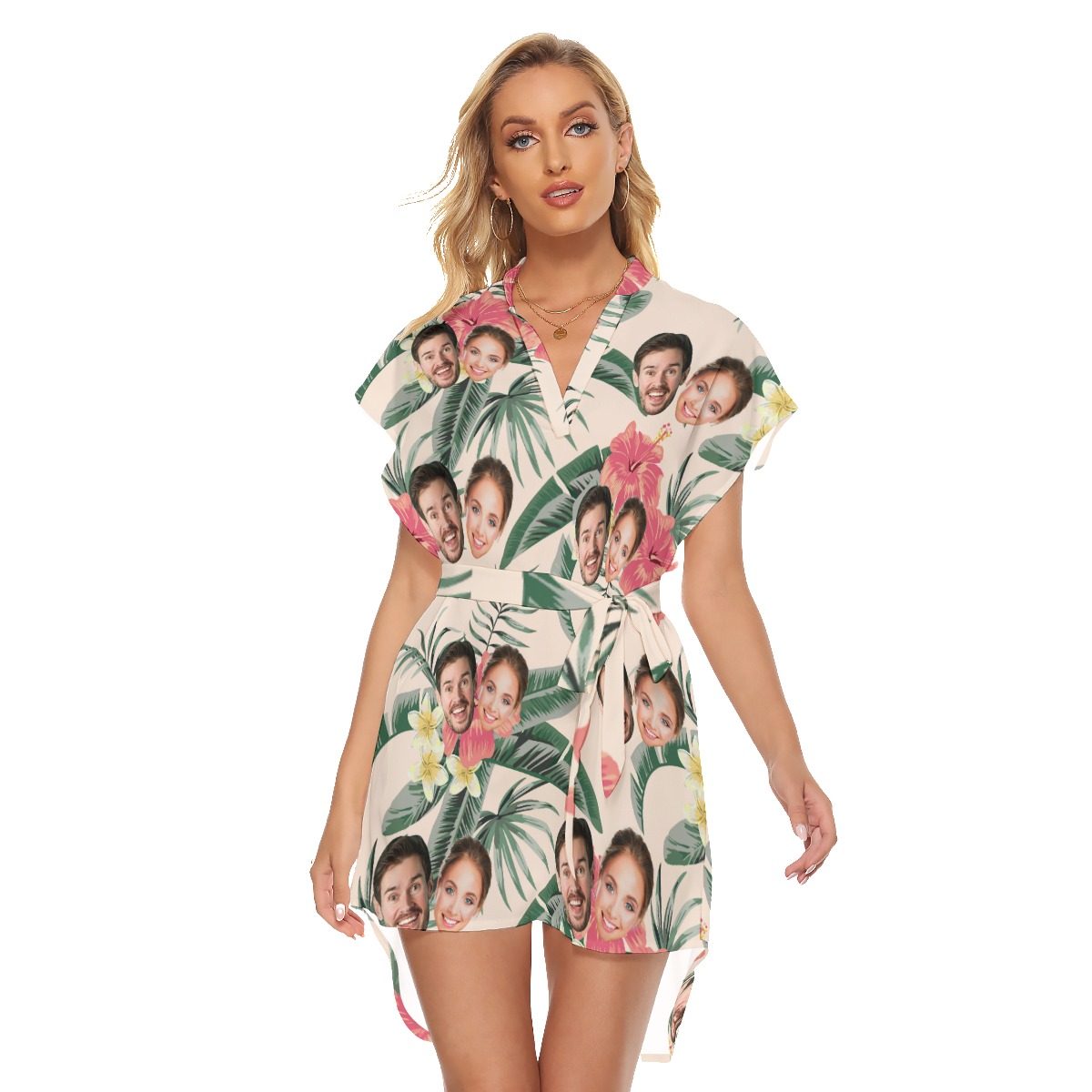Custom Couple Face Floral Dress With Belt - variant image 1