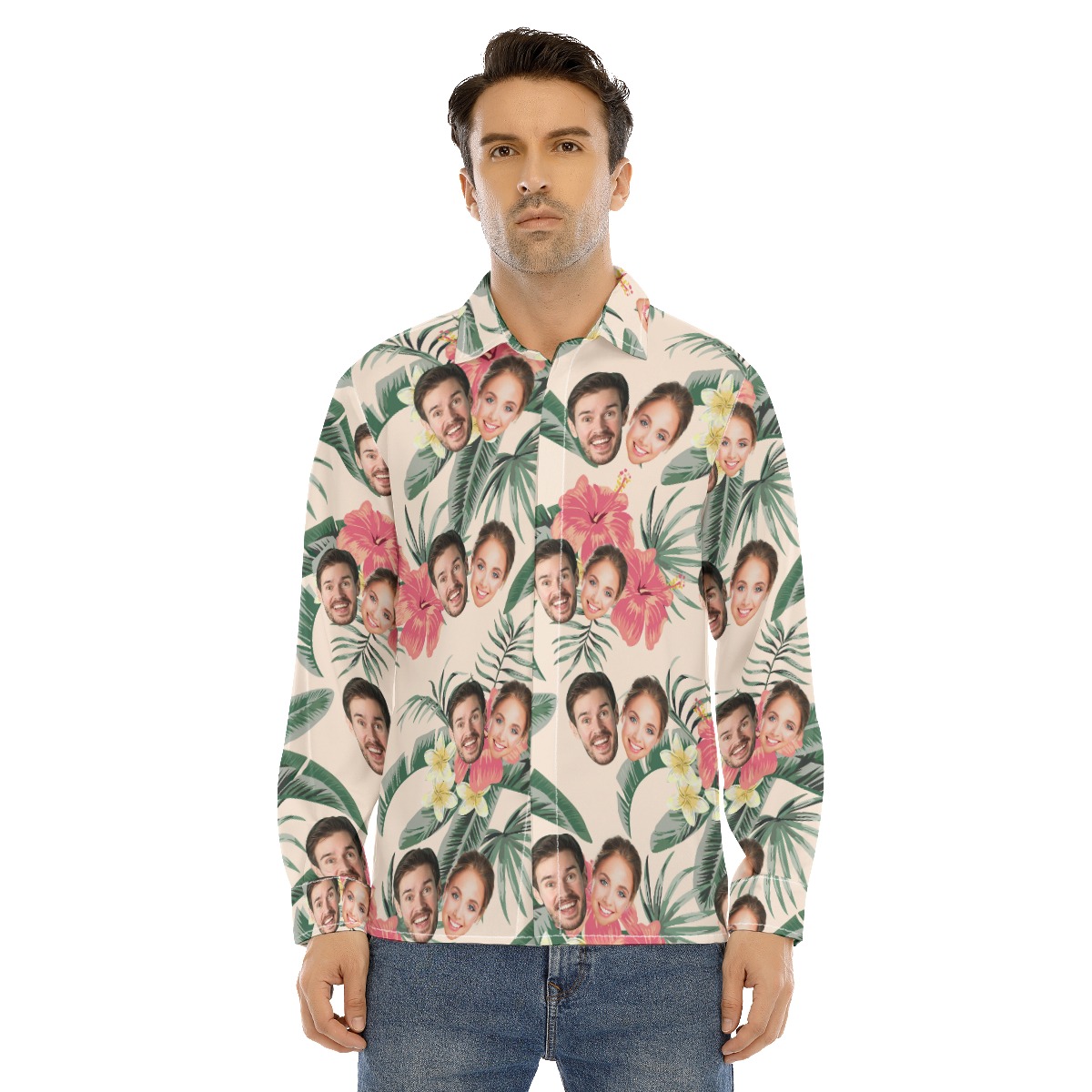 Couple Custom Face Long Sleeve Hawaiian Shirt - variant image 1