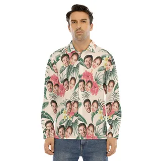 Couple Custom Face Long Sleeve Hawaiian Shirt