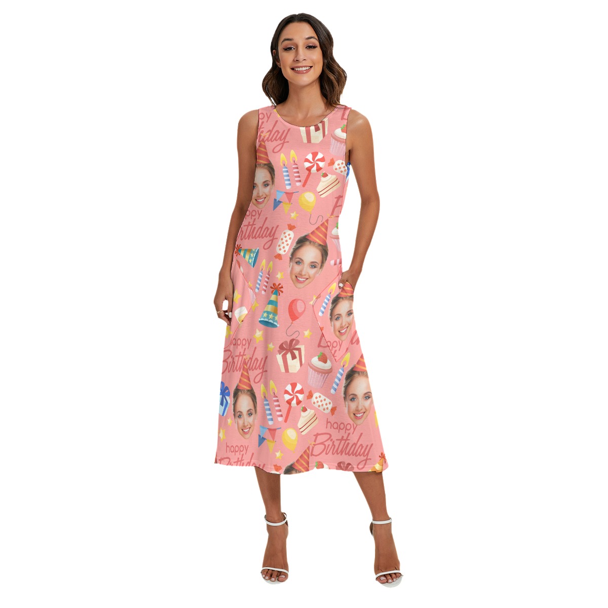Pinky Custom Face Happy Birthday Theme Women's Dress