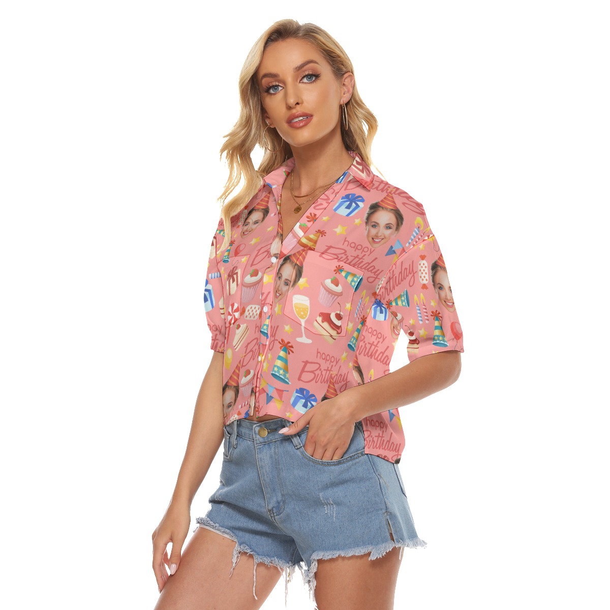 Pink Custom Face Happy Birthday Hawaiian Crop Top For Women