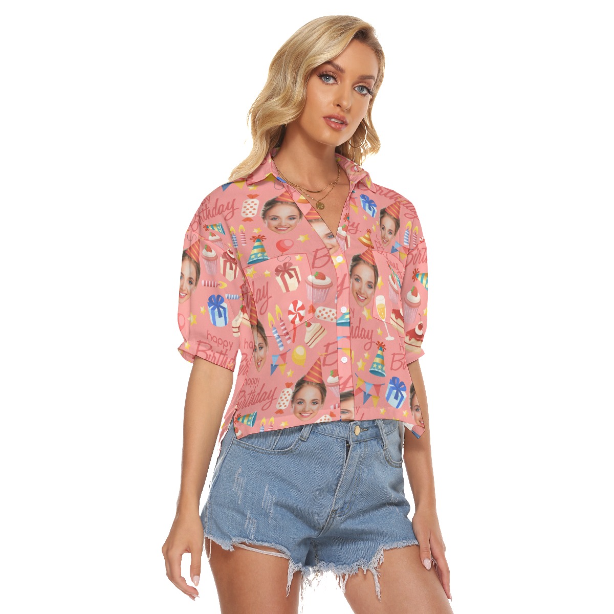 Pink Custom Face Happy Birthday Hawaiian Crop Top For Women