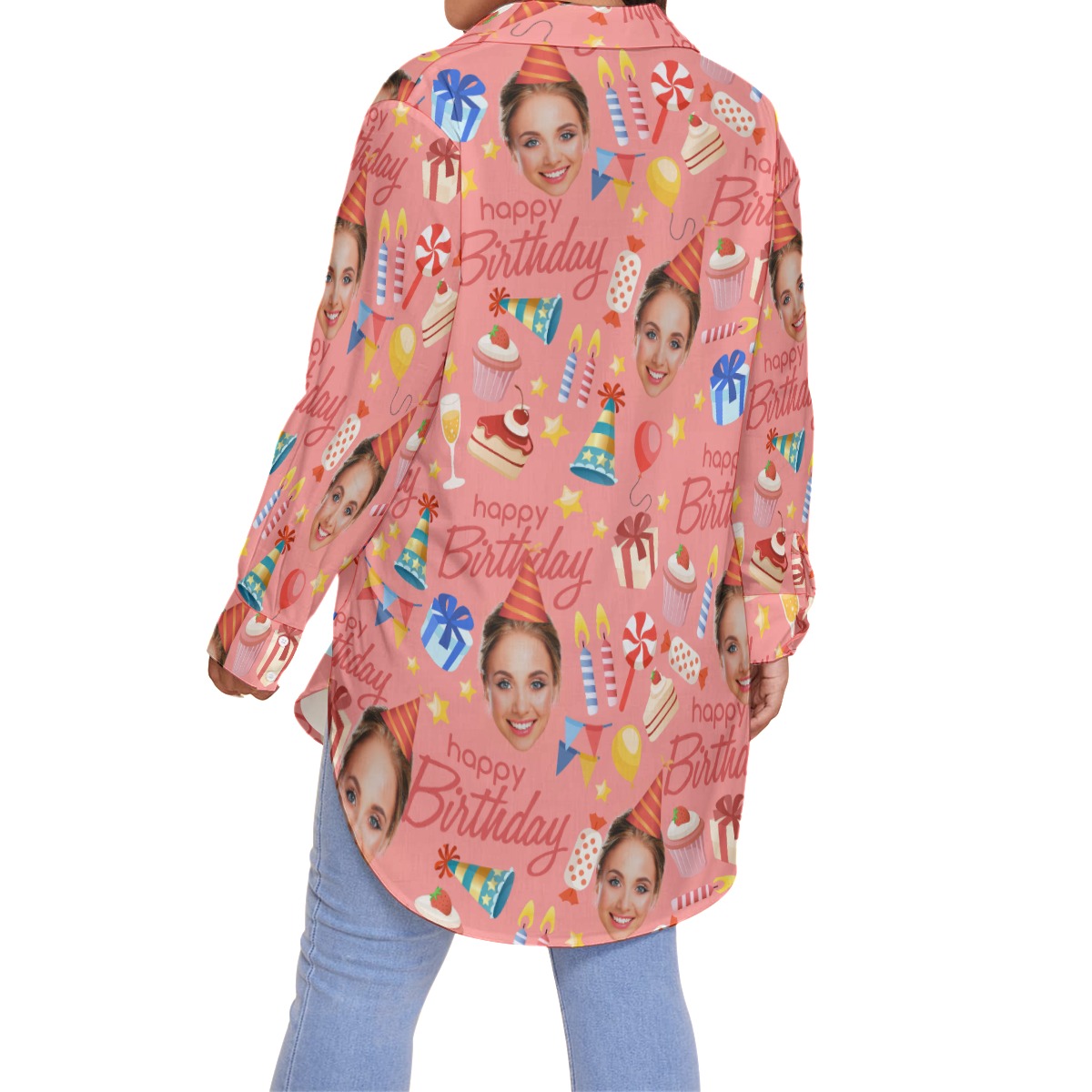 Pink Custom Face Happy Birthday Plus Size Hawaiian Shirt For Women
