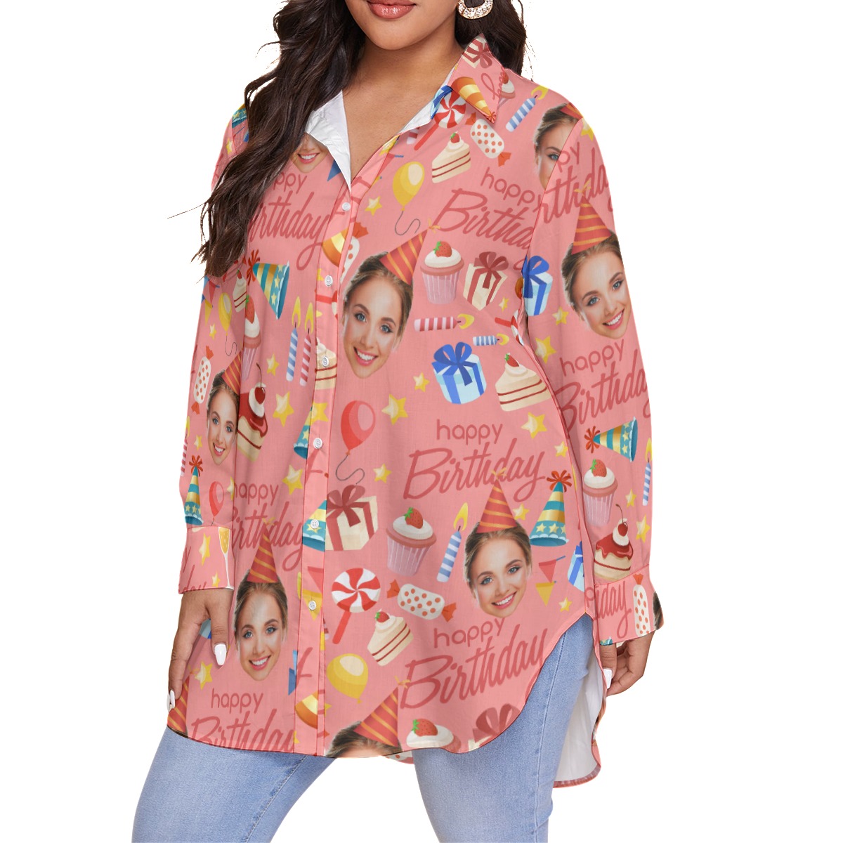 Pink Custom Face Happy Birthday Plus Size Hawaiian Shirt For Women