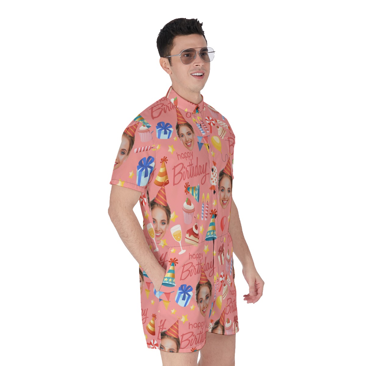 Custom Face Happy Birthday Pink Romper For Men