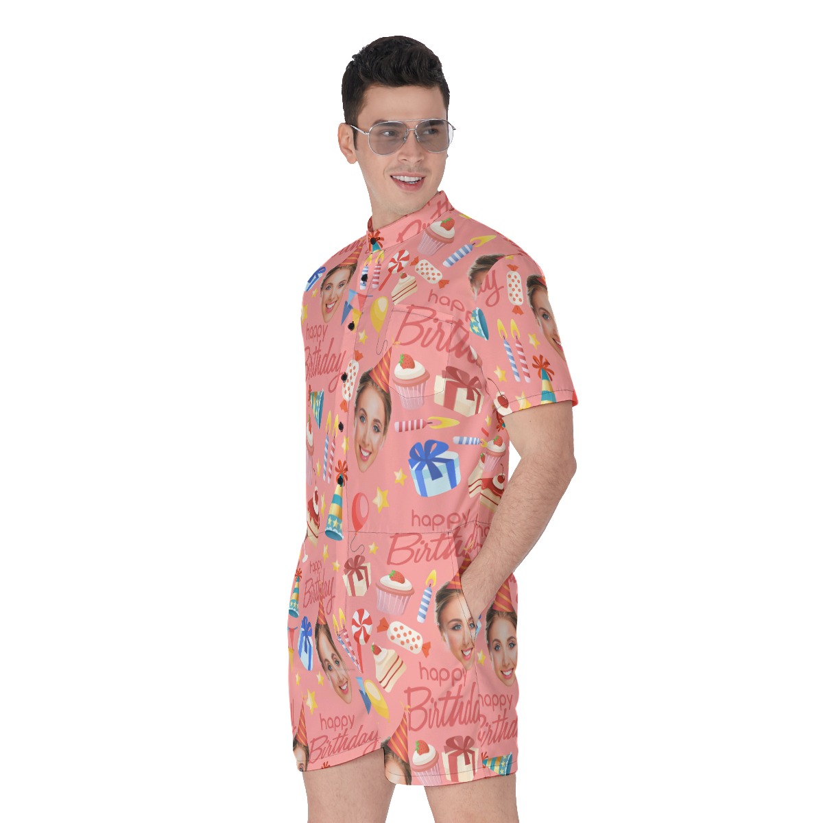 Custom Face Happy Birthday Pink Romper For Men