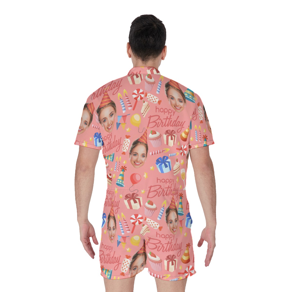 Custom Face Happy Birthday Pink Romper For Men