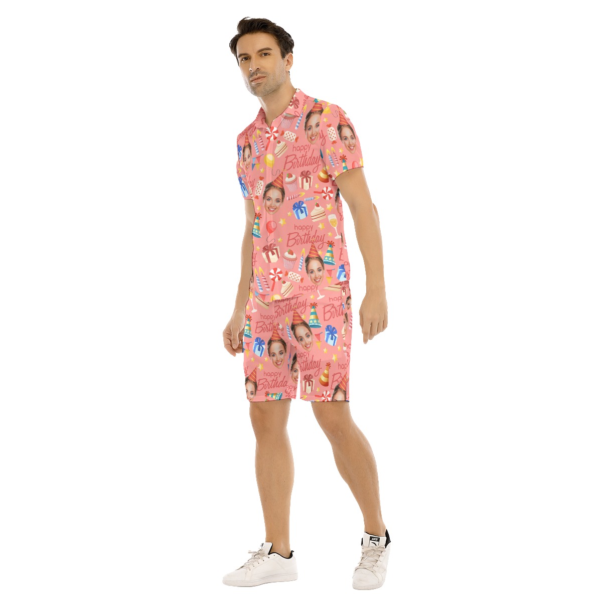 Custom Face Birthday Pink Hawaiian Shirt And Shorts Set For Men