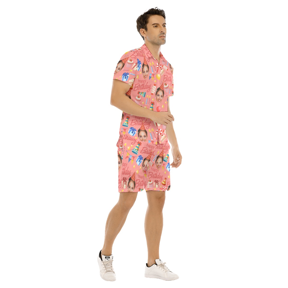 Custom Face Birthday Pink Hawaiian Shirt And Shorts Set For Men