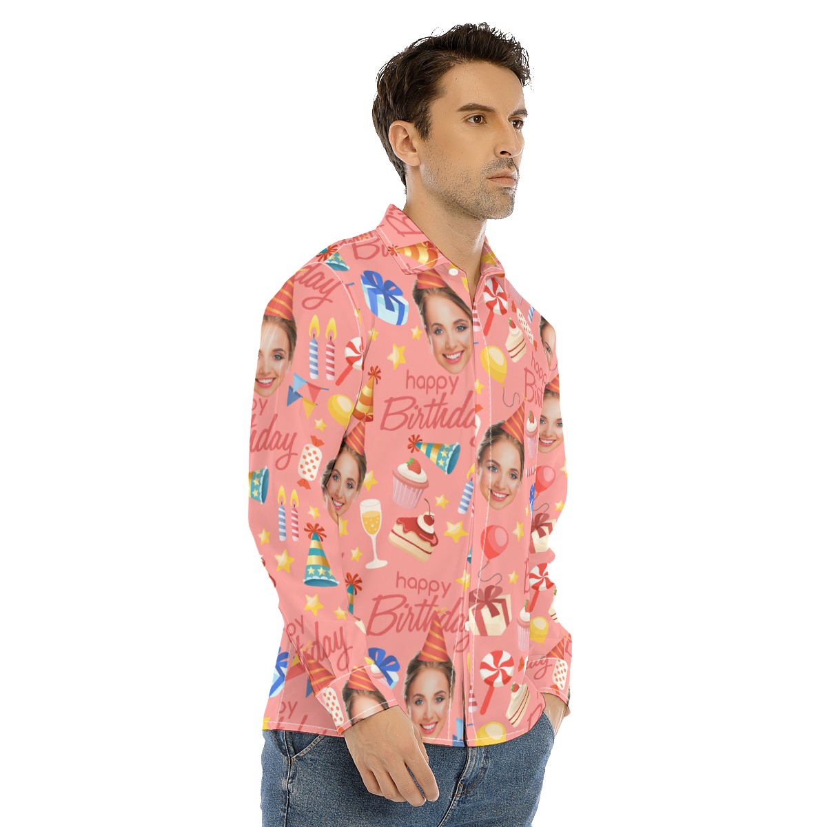 Custom Face Birthday Pink Long Sleeve Hawaiian Shirt For Men